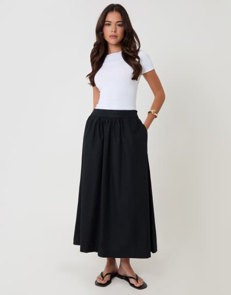 Threadbare Linen blend gathered midaxi skirt in black - view 1