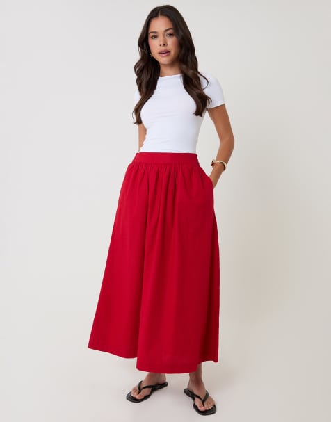 Threadbare Linen blend gathered midaxi skirt in red
