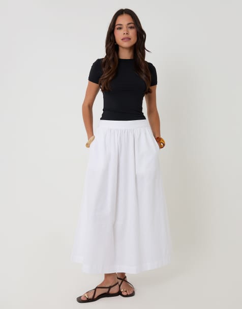 Threadbare Linen blend gathered midaxi skirt in white