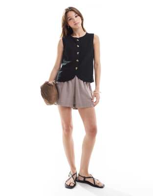 Threadbare Linen Blend High Neck Button Down Vest