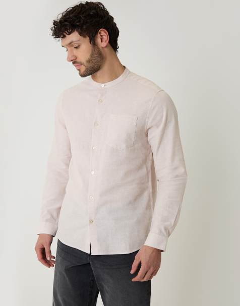 Threadbare Linen blend long sleeve grandad collar shirt in light stone - view 1