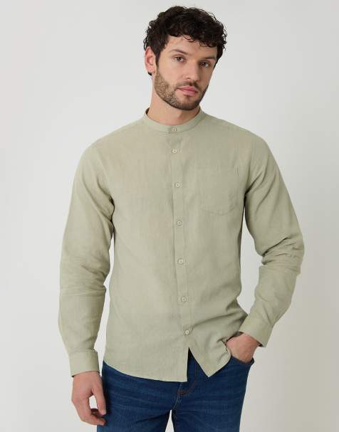Threadbare Linen blend long sleeve grandad collar shirt in pale green - view 1