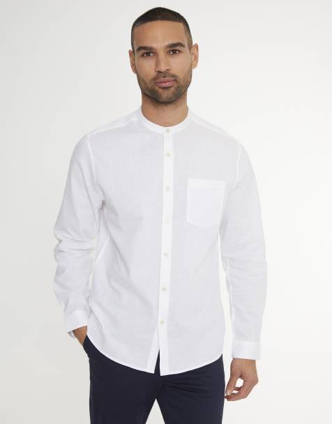 Threadbare Linen blend long sleeve grandad collar shirt in white - view 1