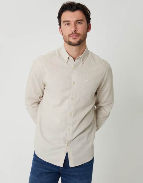 Threadbare Linen blend long sleeve shirt in light stone - view 1