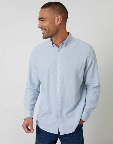 Threadbare Linen blend long sleeve shirt in mid blue