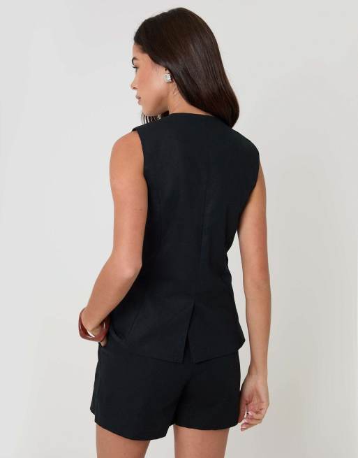 Threadbare Linen blend longline waistcoat in black, 2 of 4