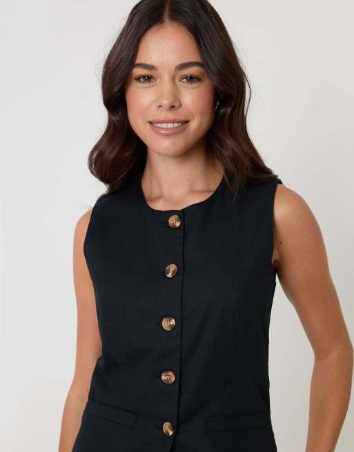 Threadbare Linen blend longline waistcoat in black, 3 of 4