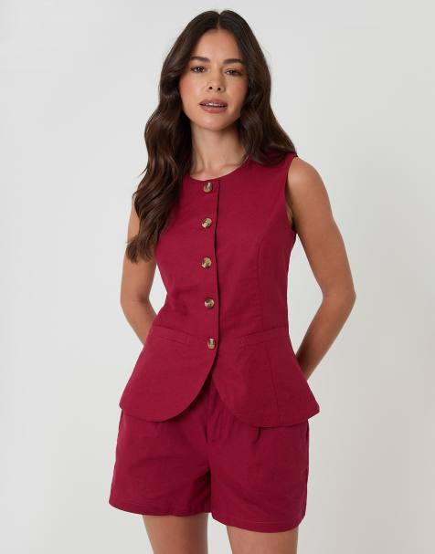 Threadbare Linen blend longline waistcoat in red