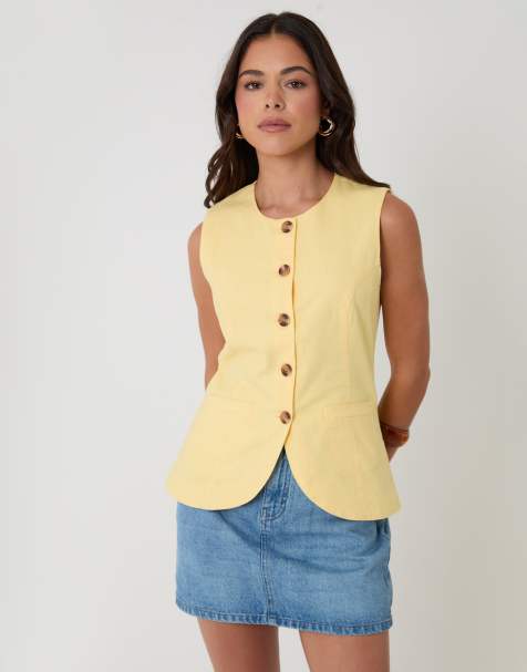 Threadbare Linen blend longline waistcoat in yellow - view 1