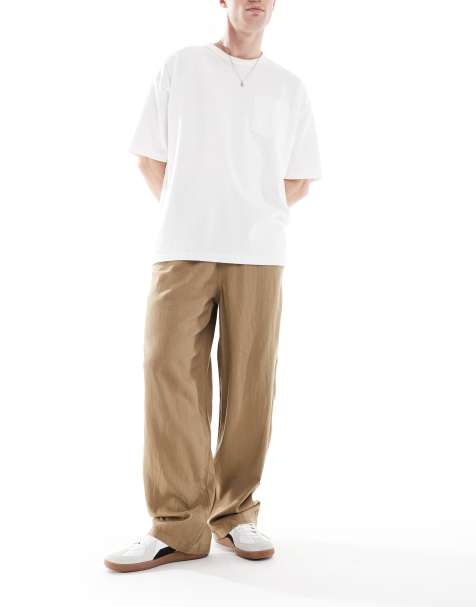 Threadbare Linen blend loose fit trousers in stone - view 1