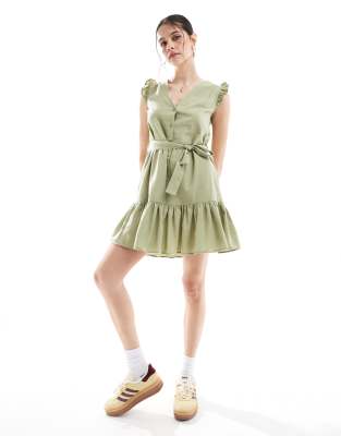 Threadbare linen blend mini dress pistachio green