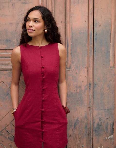 Threadbare Linen blend pinafore dress in red