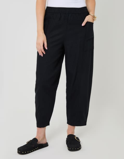 Threadbare Linen blend pocket detail barrel leg trousers in black