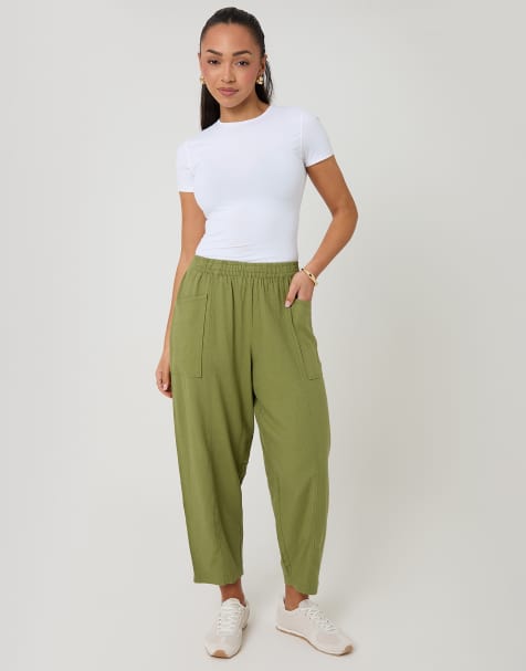 Threadbare Linen blend pocket detail barrel leg trousers in olive - view 1