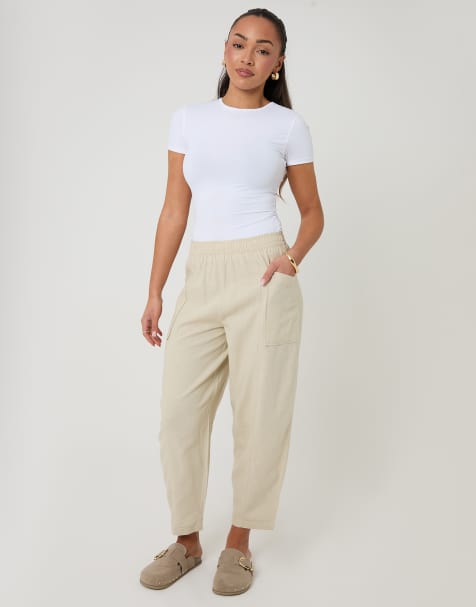 Threadbare Linen blend pocket detail barrel leg trousers in stone