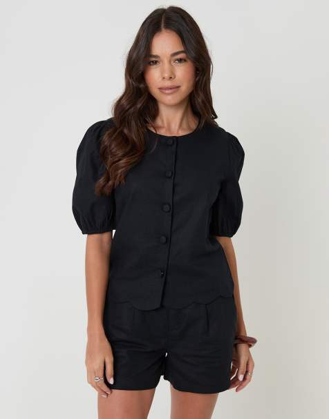 Threadbare Linen blend puff sleeve top in black - view 1