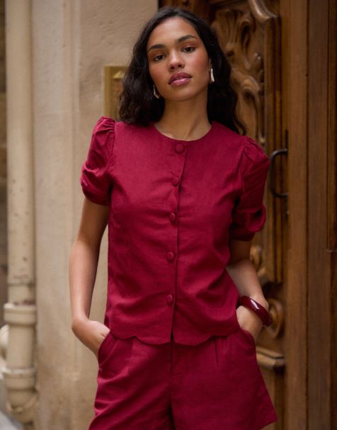 Threadbare Linen blend puff sleeve top in red - view 1