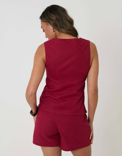 Threadbare Linen blend scoop neck waistcoat in red, 2 of 4