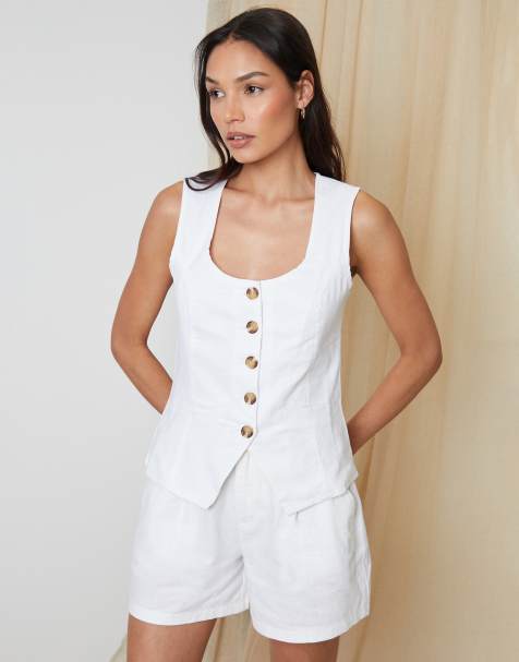 Threadbare Linen blend scoop neck waistcoat in white - view 1