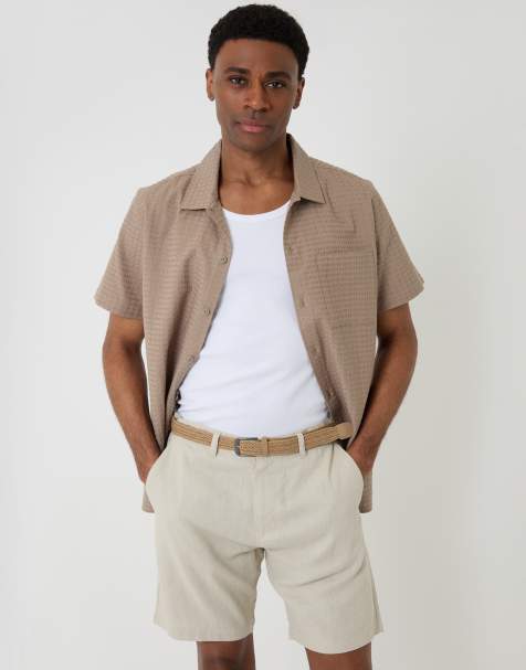 Threadbare Linen blend shorts with belt in light stone