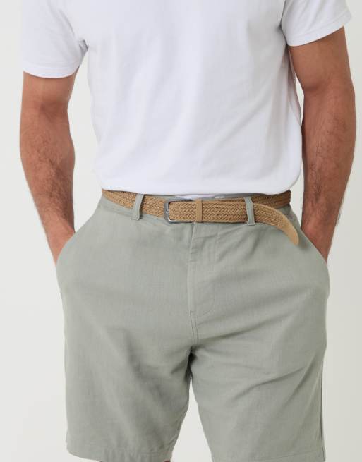 Threadbare Linen blend shorts with belt in pale green, 3 of 4