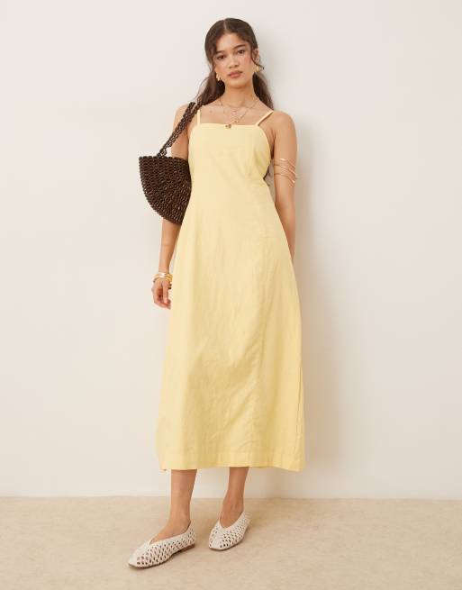 Threadbare Linen blend square neck midi dress in yellow, 2 of 4