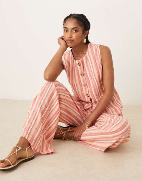 Threadbare linen blend stripe trouser coord in orange - view 1