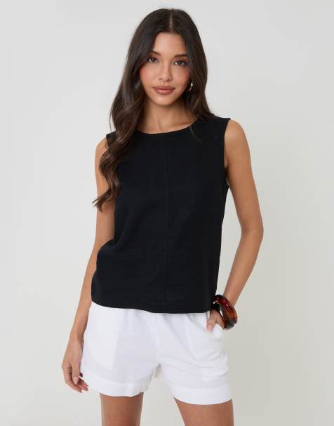 Threadbare Linen blend tie-back shell top in black