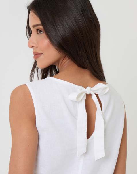 Threadbare Linen blend tie-back shell top in white