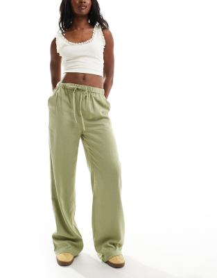 Threadbare Threadbare linen blend trousers in green with elasticated waist