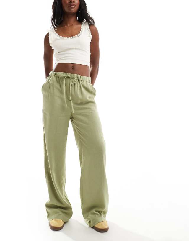 Threadbare - linen blend trousers in green with elasticated waist