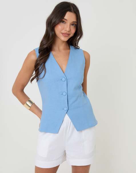 Threadbare Linen blend v-neck waistcoat in blue - view 1