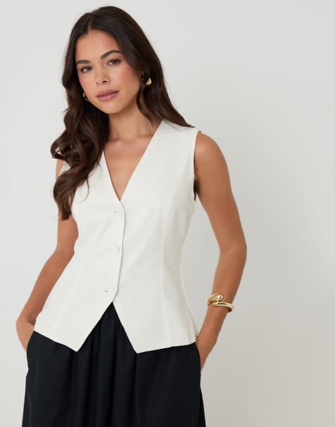 Threadbare Linen blend v-neck waistcoat in white - view 1
