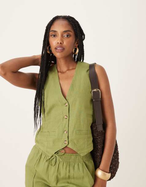 Threadbare Linen blend waistcoat in olive - view 1