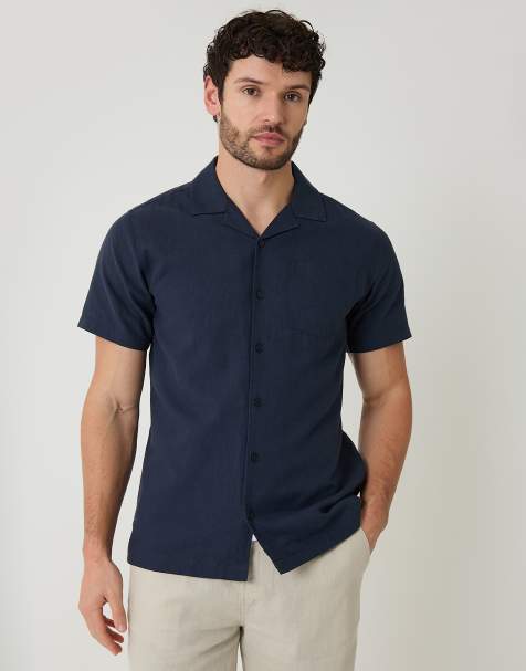 Threadbare Linen cotton blend short sleeve shirt in navy