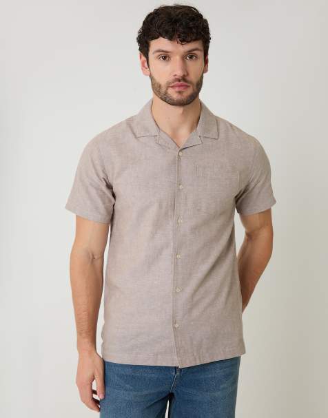 Threadbare Linen cotton blend short sleeve shirt in taupe - view 1
