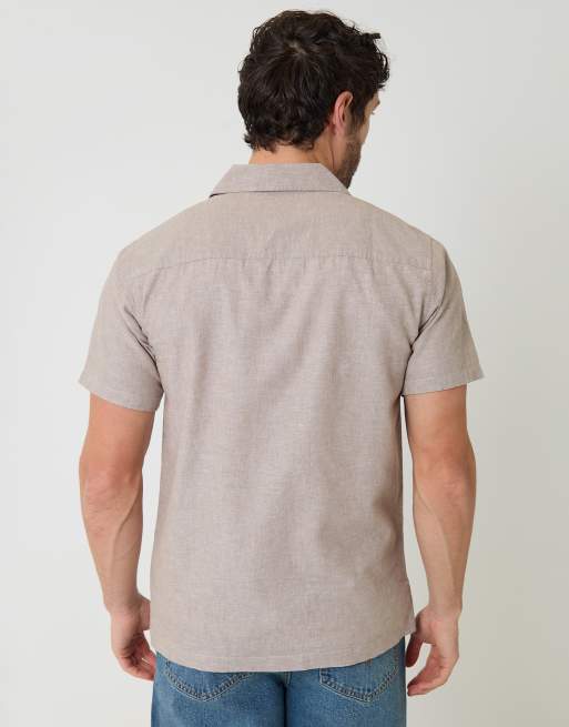 Threadbare Linen cotton blend short sleeve shirt in taupe, 2 of 4