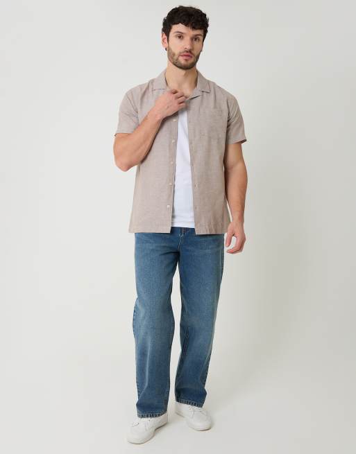 Threadbare Linen cotton blend short sleeve shirt in taupe, 3 of 4
