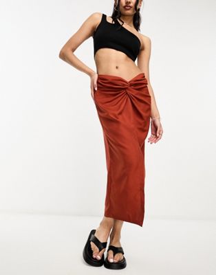 Threadbare linen look knot front midi skirt in rust - ASOS Price Checker