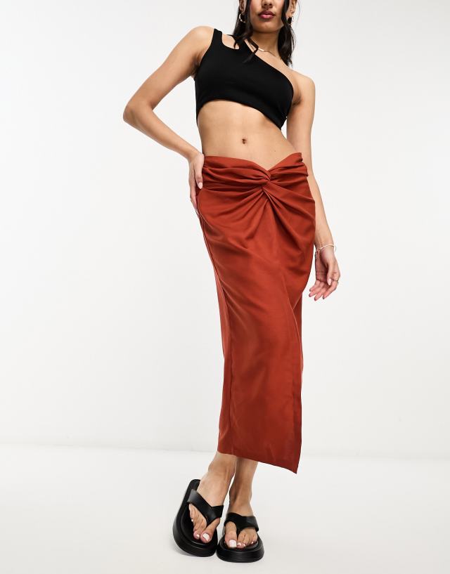 Threadbare - linen look knot front midi skirt in rust