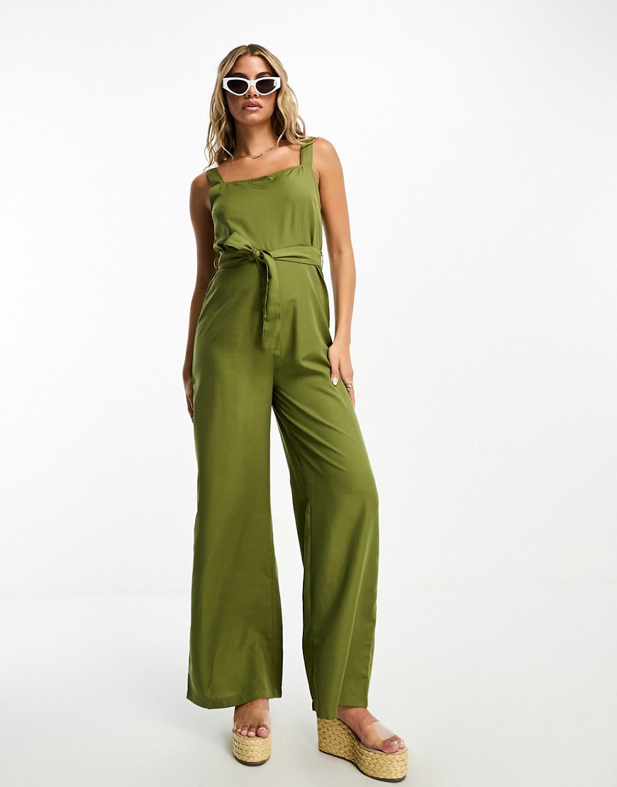 Threadbare linen look tie waist jumpsuit in khaki-Green