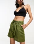 [Threadbare] Threadbare linen look tie waist shorts in khaki-Green 8 KHAKI
