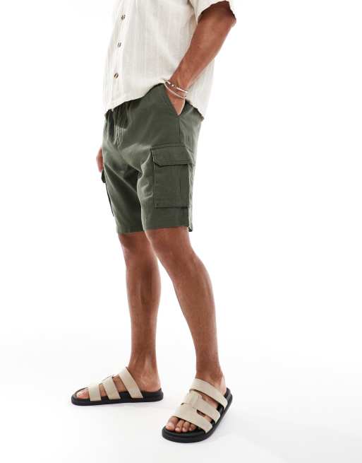 Threadbare linen mix cargo shorts with pocket detail in khaki ASOS