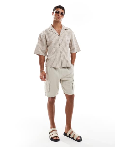 Threadbare linen mix cargo shorts with pocket detail in stone - view 1