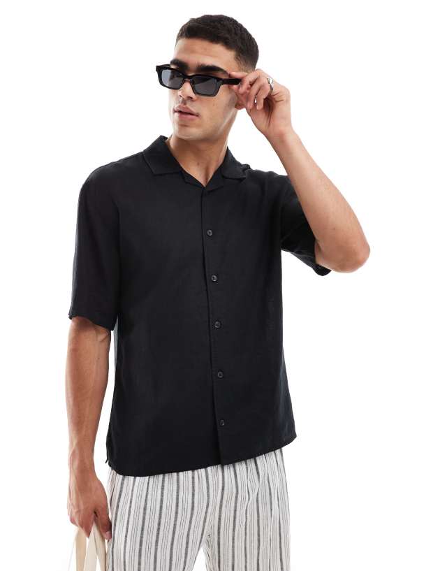 Threadbare - linen mix revere collar shirt in black