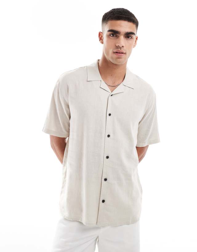 Threadbare - linen mix revere collar shirt in stone