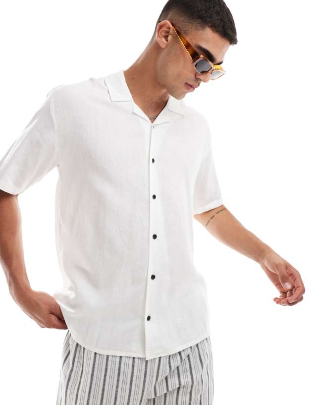 Threadbare - linen mix revere collar shirt in white