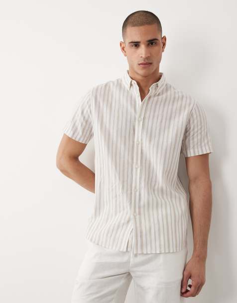 Threadbare linen mix short sleeve shirt in stone and ecru stripes - view 1