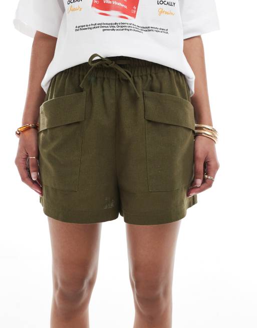 Threadbare linen mix tie waist shorts in khaki, 3 of 5