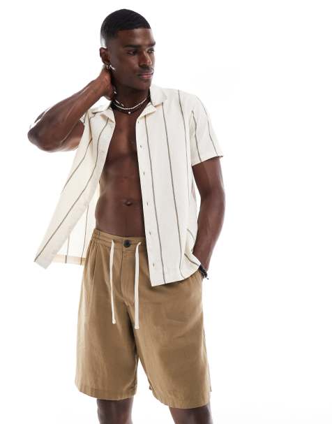 Threadbare linen-rich drawstring shorts in stone - view 1